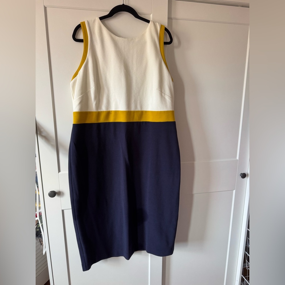 Sleeveless Colorblock Ottoman Sheath Dress in White, Mustard & Navy